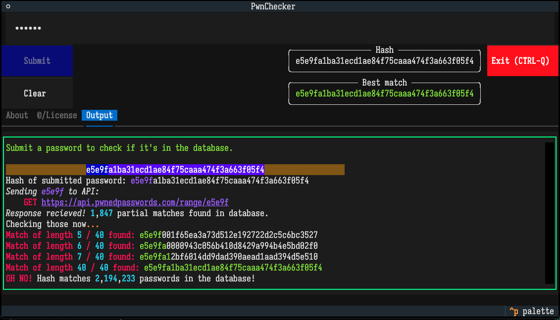 A screen shot of a TUI app. A password has been typed in, and its hash is shown. The program reports that this password appears in the database over two million times.