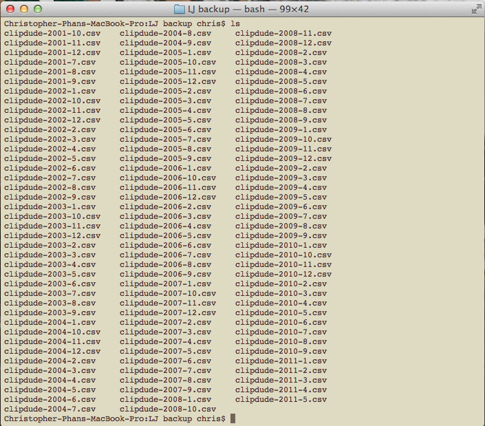 A screen shot of terminal window showing output of ls command. The folder, "LJ backup chris", is filled with dozens of CSV files with filenames like "clipdude-2001-10.csv".